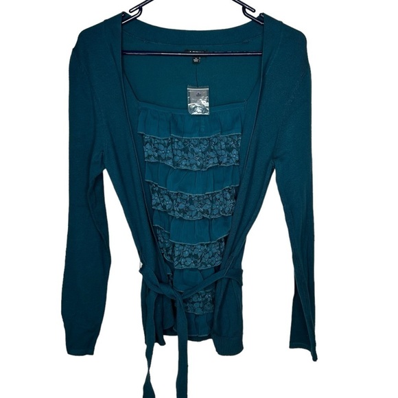 New Apt.9 Cardigan Shirt Womens Blue M One Piece Belted Tie Ruffle Soft BNWT - Picture 1 of 6
